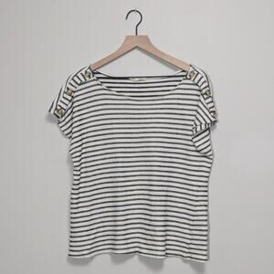 Above and Beyond petite large black white striped top with button accents